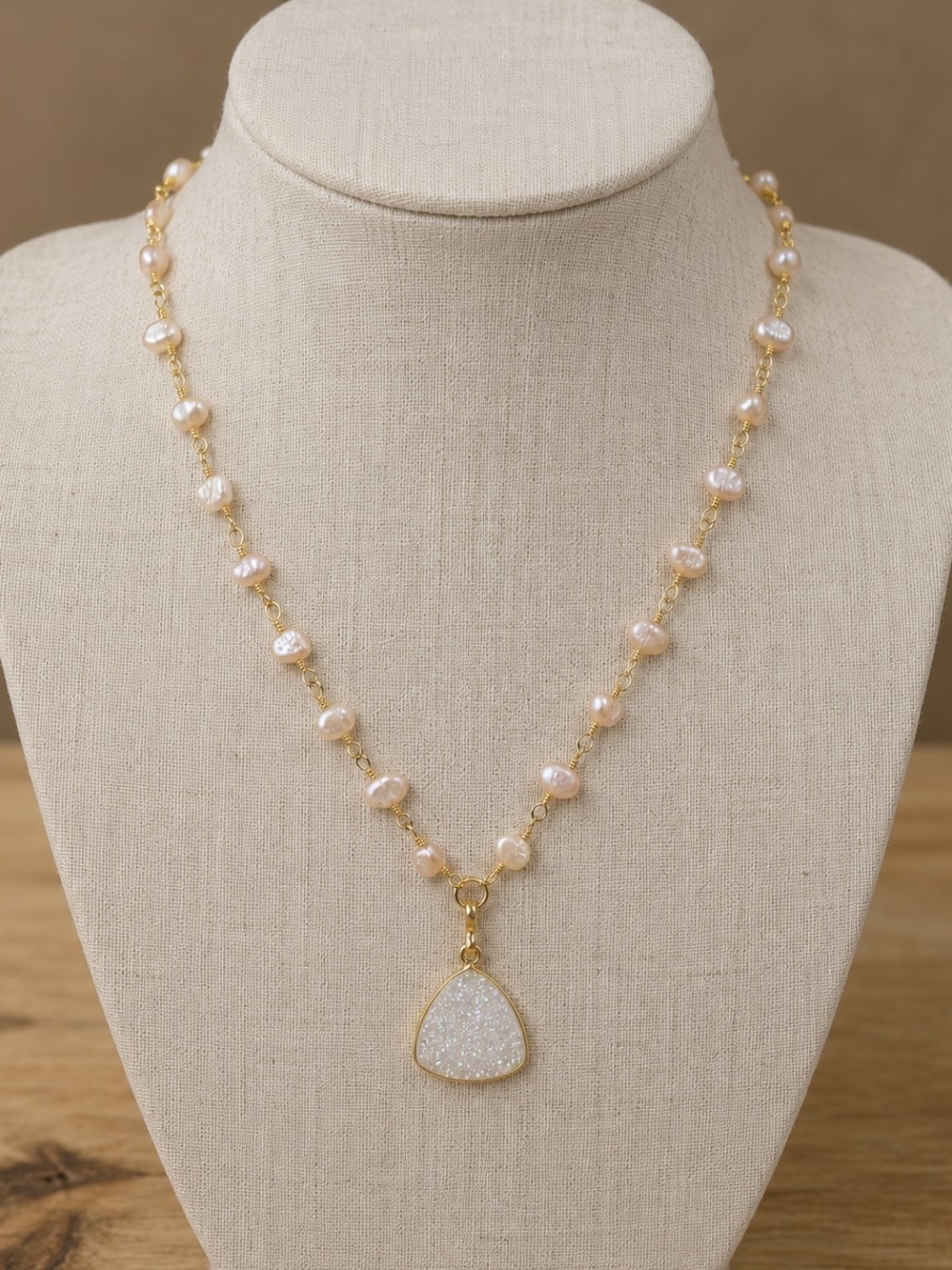 Blush Pink Freshwater Baroque Pearl Necklace | Natural Titanium White Druzy  Gem